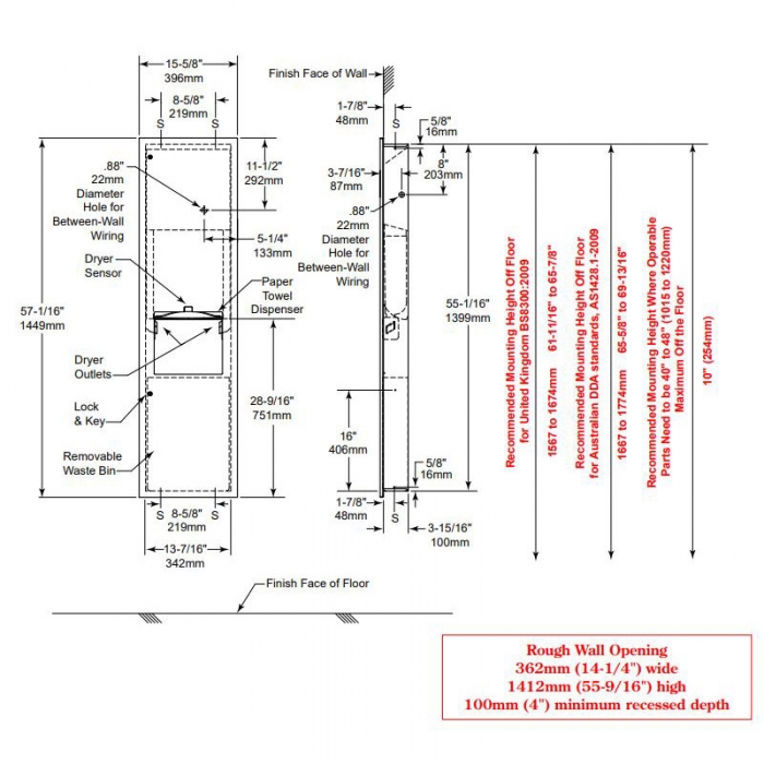 Bobrick Trimline Recessed Soap, Paper Towel and Hand Dryer Combination Unit CAD Drawing - B38030
