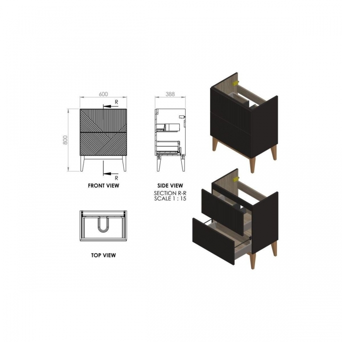 Prestige Featherstone Matt Graphite Grey 610mm Floor Standing 2 Drawer Basin Unit & Maple Effect Worktop CAD Drawing - CNPW108504