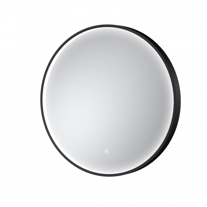 Nuie Mensa 600mm Round Black Framed LED Mirror on a plain white background LQ741