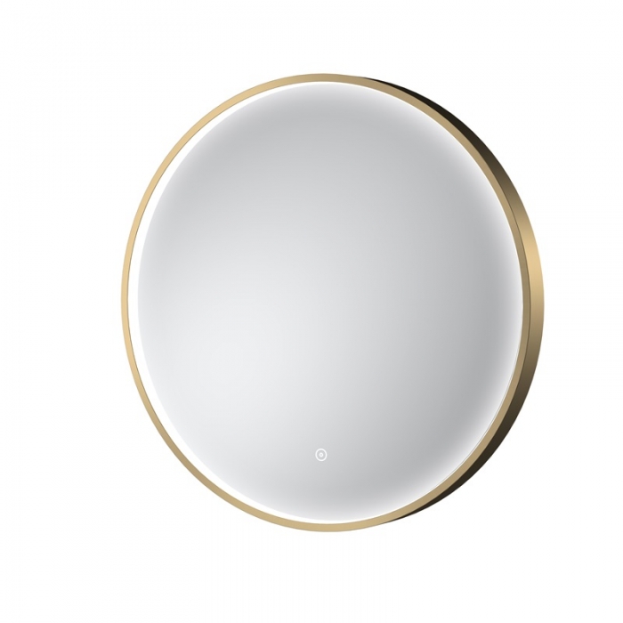 Nuie Mensa Brushed Brass 600mm Round LED Mirror on a plain white background LQ742
