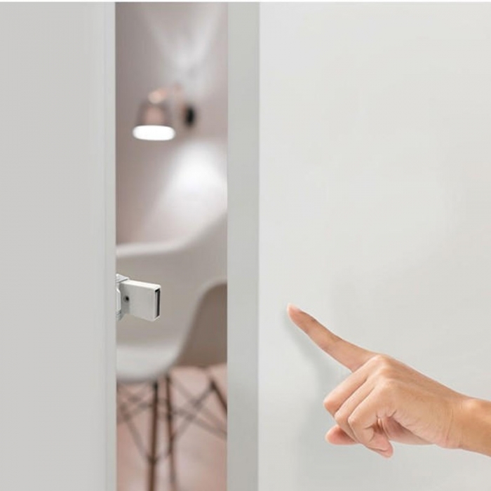 Sugatsune Push to Open Touch Latch - White Showing in position in situ - ML-ZN80-WT Prestige Washrooms