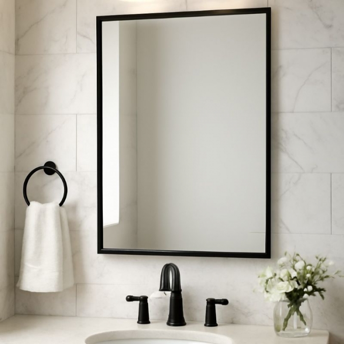 Bobrick Welded Frame Mirror Matt Black 460mm x 760mm in situ 