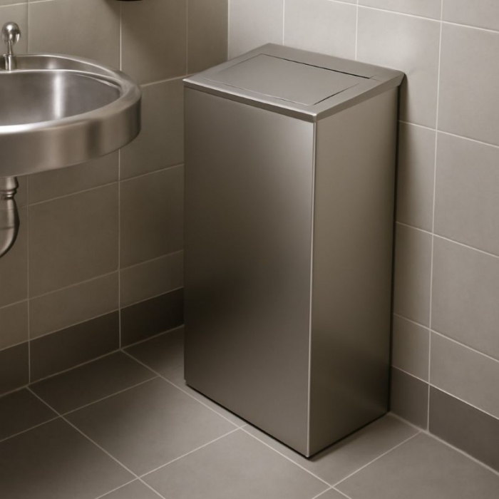 Prestige Ecoline Brushed Stainless Steel Push Lid Waste Bin 25L in situ 