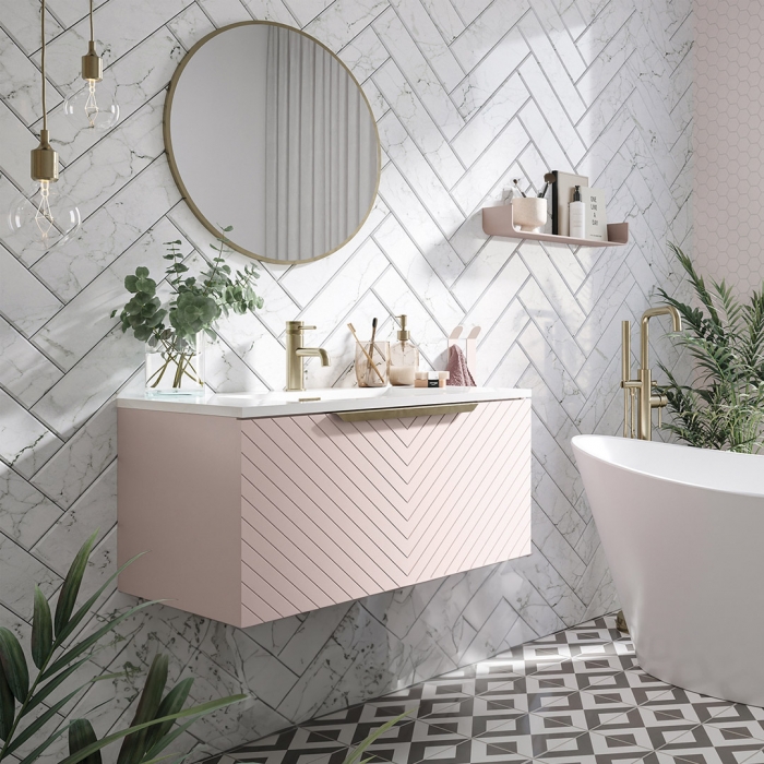CHEVRON WALL MOUNTED PINK VANITY UNIT WITH BASIN