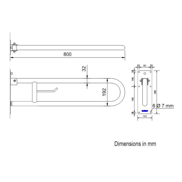 Prestige Stainless Steel Hinged Support Rail 800mm - Drawing