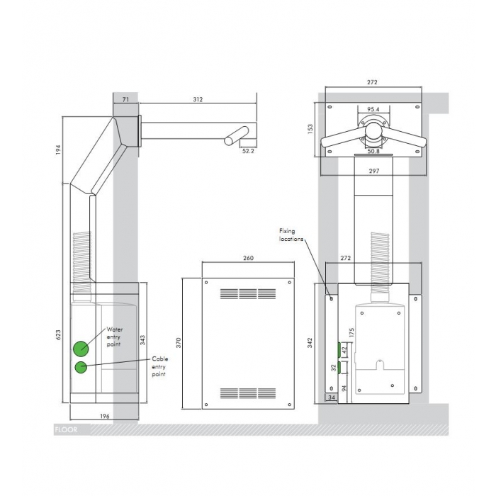 Dyson Airbalde Wall Tap Hand Dryer 1.6kW - AB11 - Installation Drawing