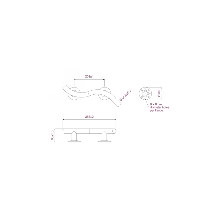 Prestige Polished Curved Grab Rail 355mm BC5013-01Drawing