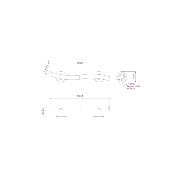 Prestige Polished Curved Grab Rail 480mm BC5013-02 Drawing