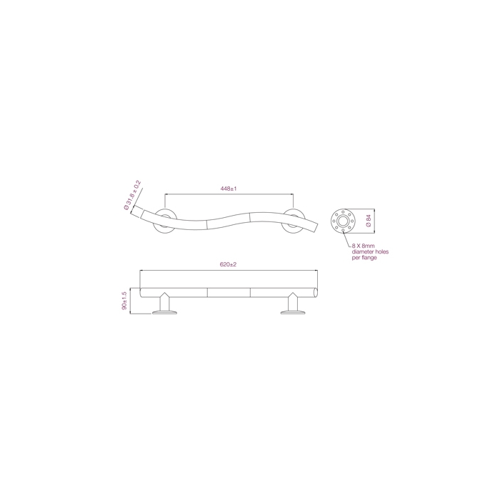 Prestige Polished Curved Grab Rail 620mm BC5013-03 Drawing