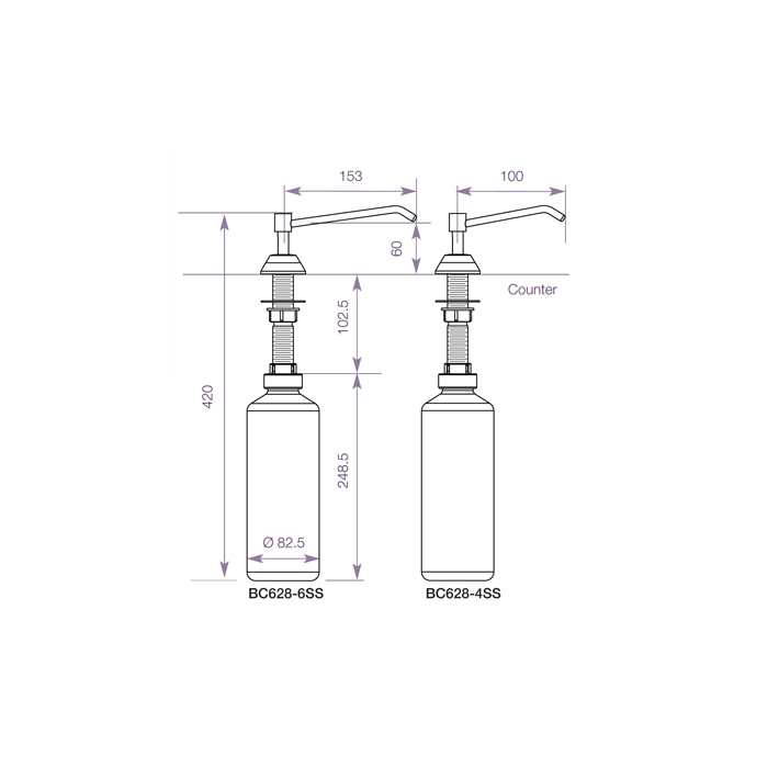 Stainless Steel  Dolphin Prestige Counter Mounted Soap Dispenser BC628SS Drawing