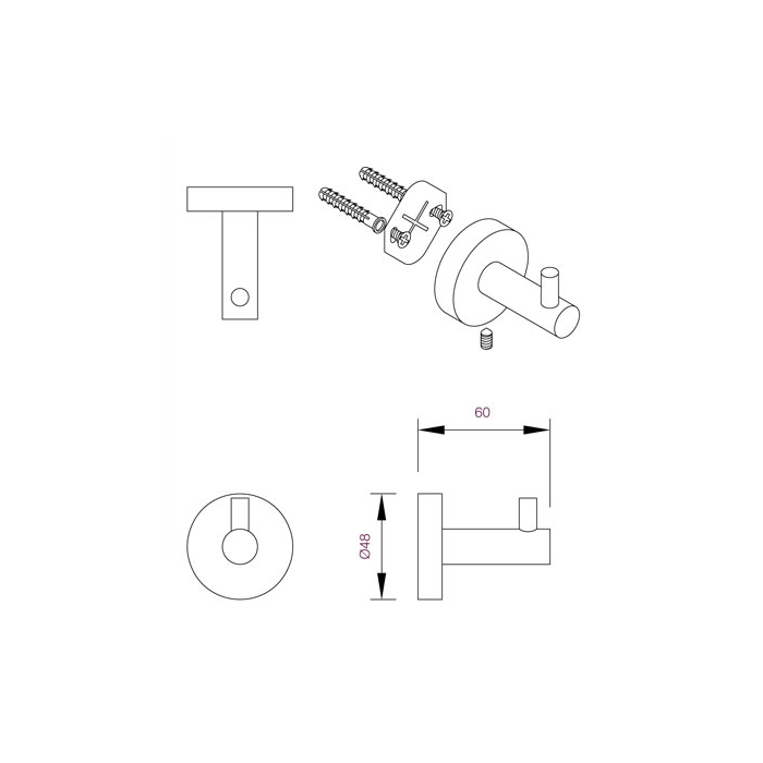 BC725 Prestige Single Robe Hook 60mm CAD Drawing