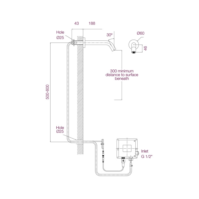 Dolphin Prestige Blue Infrared Panel Mounted Tap DB1900 Drawing