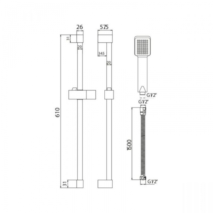 Scudo Black Square Riser Shower Rail Kit - CAD Drawing
