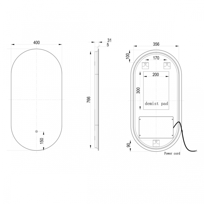 Roundhay 400mm Oblong Back-Lit LED Mirror - Cad Drawing