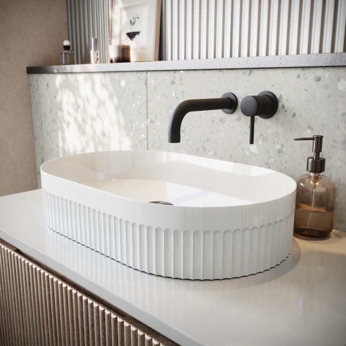 Scudo Fluted White Oval Countertop Basin Angled VESSEL007