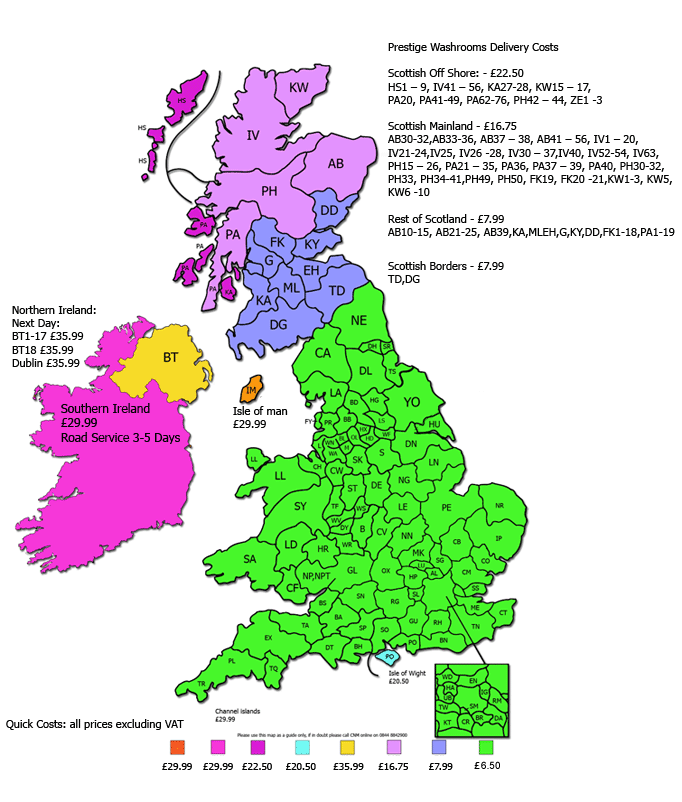Prestige Washrooms Delivery charges map